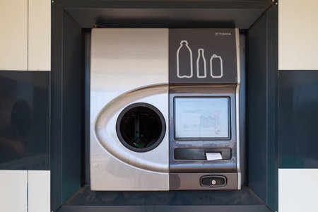 Automatic machine for collecting and receiving plastic bottles. Illustrative editorial. June 8, 2021 Balti Moldova. Background with copy space for textのeditorial素材