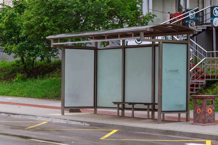 Public transport stop. Illustrative editorial. June 14, 2021 Balti Moldova. Background with copy space for text.のeditorial素材