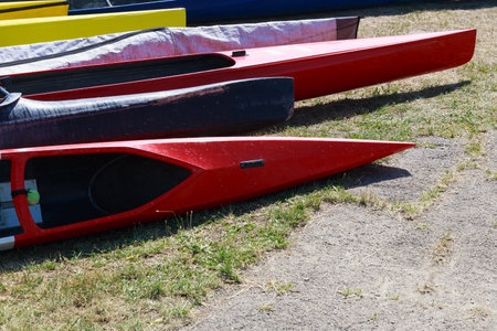 The bow of the kayak on land during the halt. Background with copy space for text. Amateur rafting.の写真素材