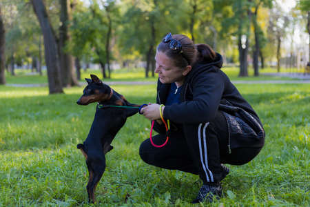 A young woman enjoys companionship with her beloved pinscher dog in a city park. Selective focus with blurred background. Shallow depth of field.の写真素材