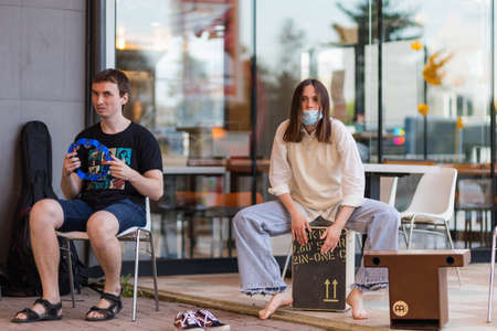 Street musicians in an urban environment. May 2, 2021 Balti Moldova. Illustrative editorial