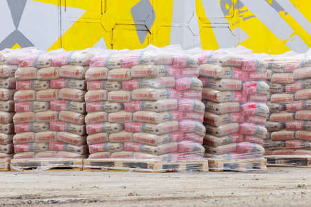 Cement on pallets. Background with copy space for text or inscriptions. Illustrative editorial. 25 May 2021 Balti Moldova.のeditorial素材