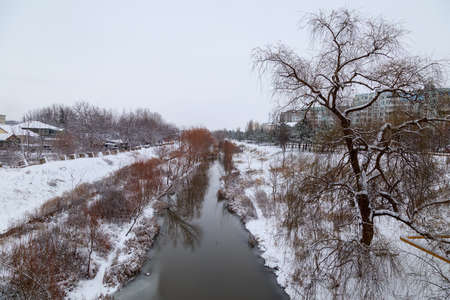Winter beautiful and calm landscape with snow. Background with copy space for text or inscriptions.の写真素材