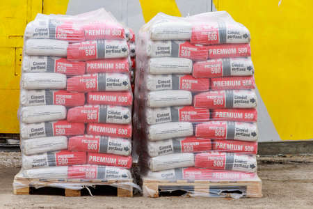 Cement on pallets. Background with copy space for text or inscriptions. Illustrative editorial. 25 May 2021 Balti Moldova.のeditorial素材