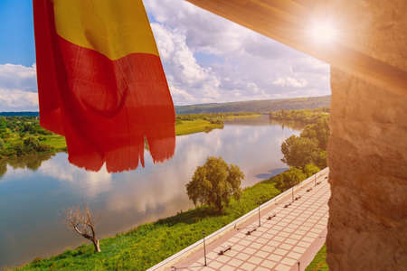 View of the Dniester River in the town of Soroca Moldova from the height of the fortress. Domestic travel and tourism concept. Background with copy space. National flag elementの写真素材