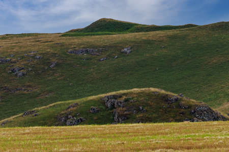 The hilly nature of Eastern Europe. Green mounds with selective focus. Landscape background with copy space for text or letteringの写真素材