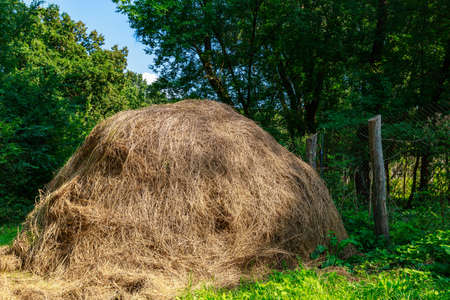 A classic typical village haystack. Selective focus. Background with copy space for text or letteringの写真素材