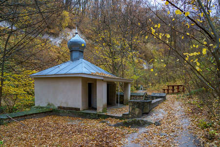Bath or religious site for cleansing from sins in an autumn forest with wildlife. Christian...