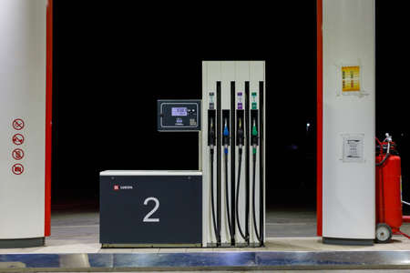 Diesel and gasoline pumps. Gas station for transport. Background with copy space for text or inscriptions. July 25, 2021 Beltsy Moldova.のeditorial素材