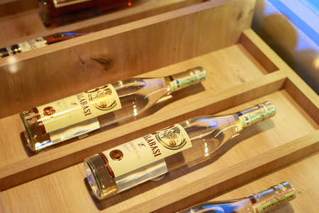 Elite luxury alcohol on the counter or showcase in a wine brandy store. Illustrative editorial. 25 September 2021 Balti Moldova.のeditorial素材