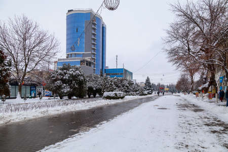 February 1, 2021 Balti or Beltsy, Moldova Snowy cold winter in the city. Illustrative editorialのeditorial素材