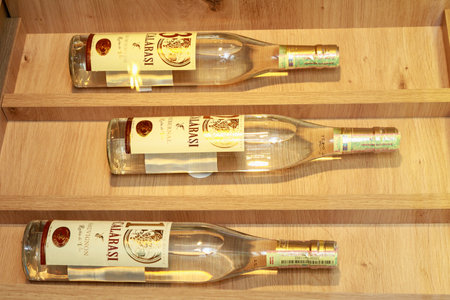 Elite luxury alcohol on the counter or showcase in a wine brandy store. Illustrative editorial. 25...