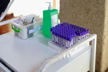 Medical test tubes for blood. Public event for blood donor day. Background with copy space for text or lettering. Illustrative editorial. June 13, 2021, Balti Moldova.のeditorial素材