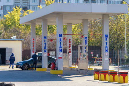 Gas station for methane. Background with copy space for text or lettering. Illustrative editorial. October 8, 2021, Balti Moldova.のeditorial素材