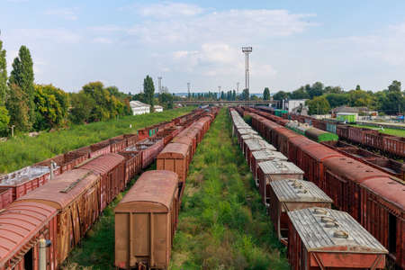 Freight cars of the train. Railway of Moldova. Background with copy space for text or lettering....