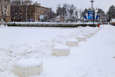 February 1, 2021 Balti or Beltsy, Moldova Snowy cold winter in the city. Illustrative editorial