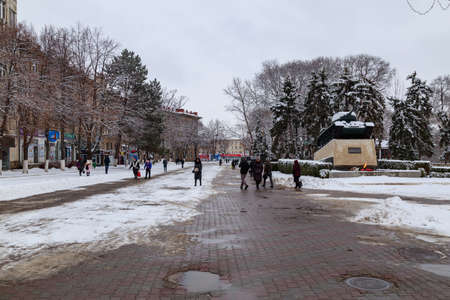 February 1, 2021 Balti or Beltsy, Moldova Snowy cold winter in the city. Illustrative editorial