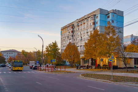 A very beautiful sunset in the city during the golden autumn. General view. Background with copy space for text. Illustrative editorial. October 22, 2021 Balti Moldova.のeditorial素材