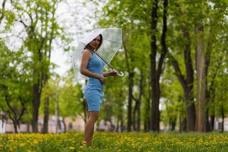 Young woman with transparent umbrella on blurred background of city park. Copy space for textの写真素材
