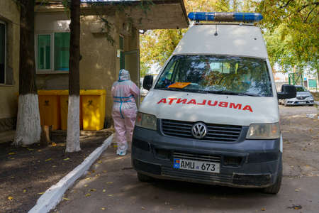 Ambulance at the covid department. Pandemic coronavirus infection covid-19. Illustrative editorial. October 14, 2021 Beltsy Moldova.のeditorial素材