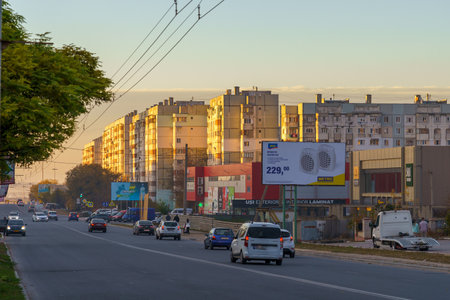 Sunset or sunrise in the city during the golden autumn. Background with copy space for text. Illustrative editorial. October 22, 2021 Balti Moldova.のeditorial素材
