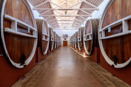 Huge barrels for aging elite alcohol. Illustrative editorial. October 1, 2021 Balti Moldova.のeditorial素材