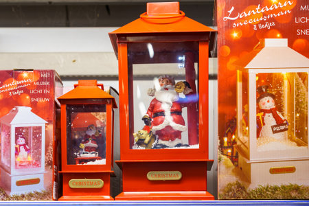 Metal Christmas lamps or lanterns on a store shelf. Background with copy space for text. Illustrative editorial. December 18, 2021 Balti Moldova.のeditorial素材