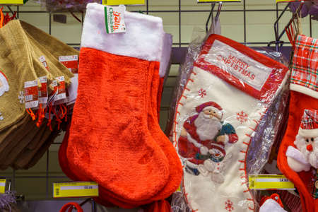 Decorative Christmas sock for gifts. Decor for the New Year. Background with copy space for text....
