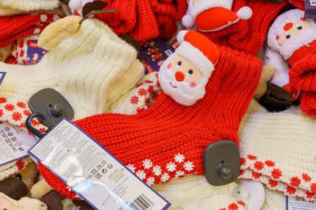 Decorative Christmas socks. Decor for the New Year. Background with copy space for text....