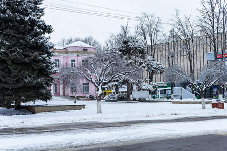 February 1, 2021 Balti or Beltsy, Moldova Snowy cold winter in the city. Illustrative editorialのeditorial素材