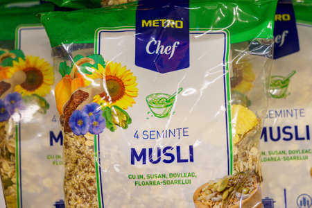 Muesli in transparent packaging. Background with copy space for text. Illustrative editorial....