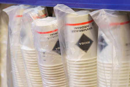 Disposable cups. Background with copy space for text. Illustrative editorial. December 18, 2021 Balti Moldova.のeditorial素材