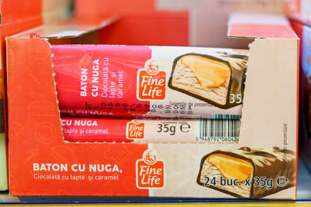 Chocolate bar with nougat. Background with copy space for text. Illustrative editorial. December 18, 2021 Balti Moldova.のeditorial素材