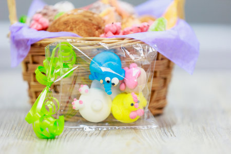 Edible gift cute marshmallow animals. Selective focus. Background with copy space for text