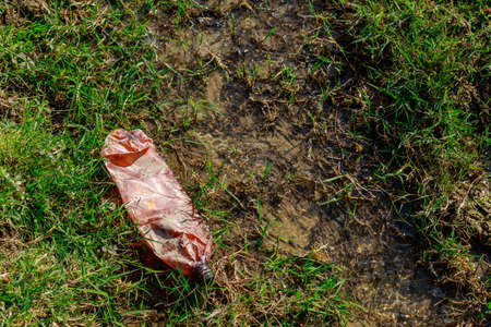 Bottles discarded in nature. Environmental pollution with plastic waste. Hazardous and toxic waste. Ecological disaster of the planet. Causes of climate change. Background with copy space for textの写真素材