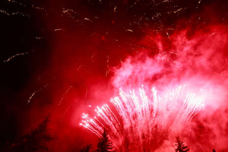Fireworks sparks on a black sky background with copy space for text or inscriptions. A graphic...