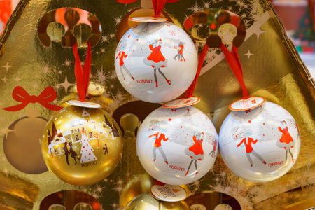 December 2, 2021 Balti Moldova. Illustrative editorial. Gift sets with sweets on a supermarket shelf. Background with copy space for text.のeditorial素材