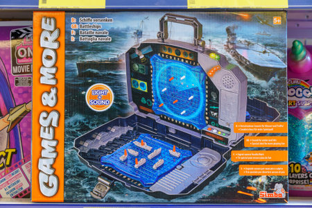 December 3, 2021 Balti Moldova. Illustrative editorial. Play sea battle on a supermarket shelf in...