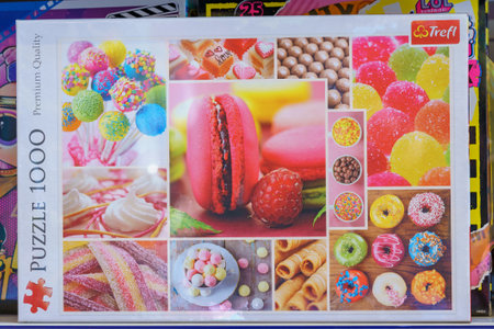 December 3, 2021 Balti Moldova. Illustrative editorial. Puzzles on the supermarket shelf in the toy section.のeditorial素材