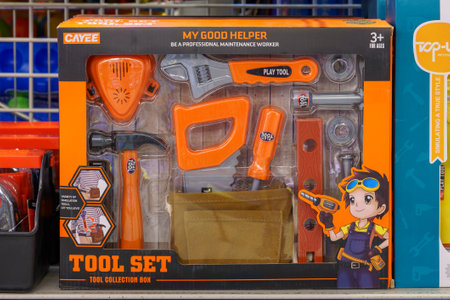 December 3, 2021 Balti Moldova. Illustrative editorial. A set of tools on a supermarket shelf in the...
