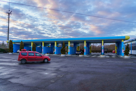 December 1, 2021 Balti, Moldova. Illustrative editorial. Specialized gas station for methane. Background with copy space for text.のeditorial素材