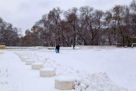 February 1, 2021 Balti or Beltsy, Moldova Snowy cold winter in the city. Illustrative editorialのeditorial素材