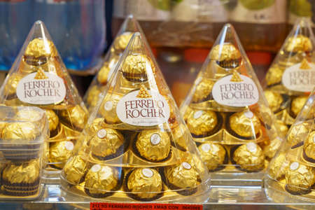 December 2, 2021 Balti Moldova. Illustrative editorial. Ferrero Rocher sweets on a supermarket shelf. Background with copy space for text.のeditorial素材