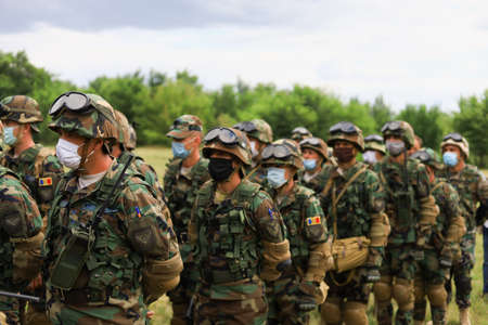 Soldiers of the national army. Demonstration military exercises. July 14, 2020 Balti Moldova. Illustrative editorialのeditorial素材