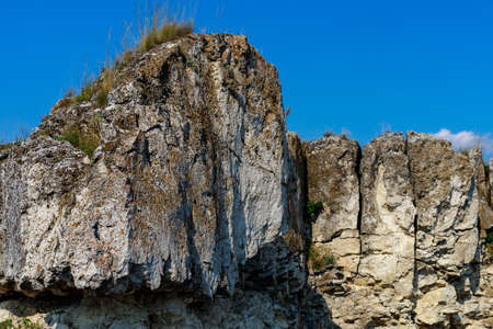Wild rocky and mountainous nature of Eastern Europe. Landscape background with copy space for text. Selective focus, toned. Coban or Cobani village, welcome to Moldova.の写真素材