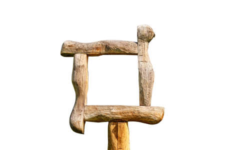 Wooden frame for a selfie on a white background, isolated. Wood carving is a popular hobby in the culture of different peoples of the world.の写真素材