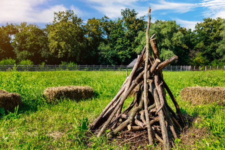 Preparation for lighting a fire in a tourist camp. Background with copy space for textの写真素材