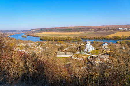 View of a village or rural type settlement. Background with copy space for textの写真素材