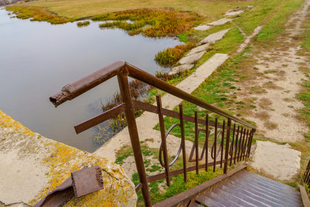 Railing on a metal staircase. Background with copy space for textの写真素材