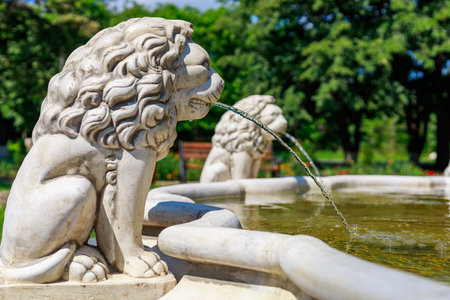 City fountain in the park. Lion as a symbol of protection in ancient architecture. Background with copy space for textの写真素材